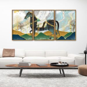 modern-style-horse-and-golden-colored-mountains-floating-canvas-wall-painting-set-of-three