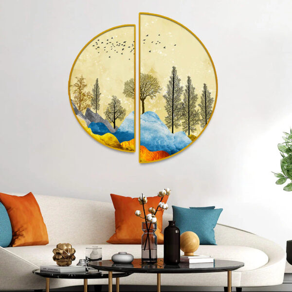 beautiful-mountain-landscape-with-trees-and-birds-semi-circle-canvas-wall-painting