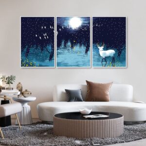 beautiful-white-deer-in-full-moon-night-floating-canvas-wall-painting-set-of-three-1