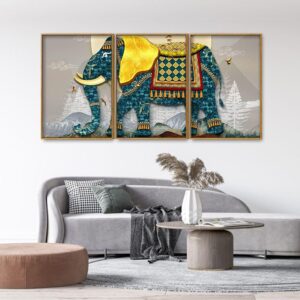classic-and-royal-elephant-with-golden-tusks-floating-canvas-wall-painting-set-of-three