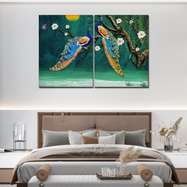 canvas-bedroom-wall-painting-of-2-pieces-beautiful-bird-couple-in-forest