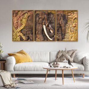 elephant-family-in-the-forest-textured-art-floating-canvas-wall-painting-set-of-three-2