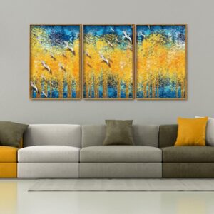 birds-flying-over-golden-trees-forest-floating-canvas-wall-painting-set-of-three