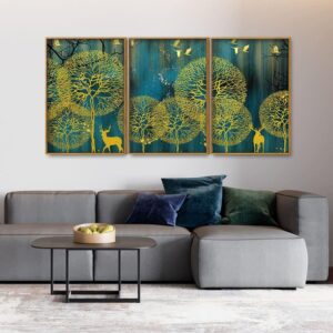 golden-nightscape-with-deer-and-golden-birds-floating-canvas-wall-painting-set-of-three