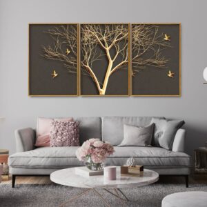 golden-embossed-tree-with-golden-birds-premium-floating-canvas-wall-painting-set-of-three
