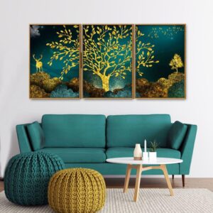 golden-trees-and-deer-with-hills-premium-floating-canvas-wall-painting-set-of-three