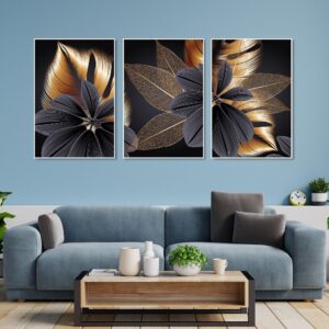 golden-leaf-flower-floating-canvas-wall-painting-set-of-three