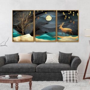midnight-golden-deer-scenery-premium-floating-canvas-wall-painting-set-of-three