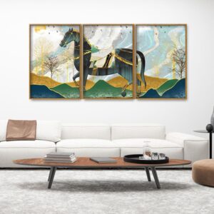 modern-style-horse-and-golden-colored-mountains-floating-canvas-wall-painting-set-of-three-1