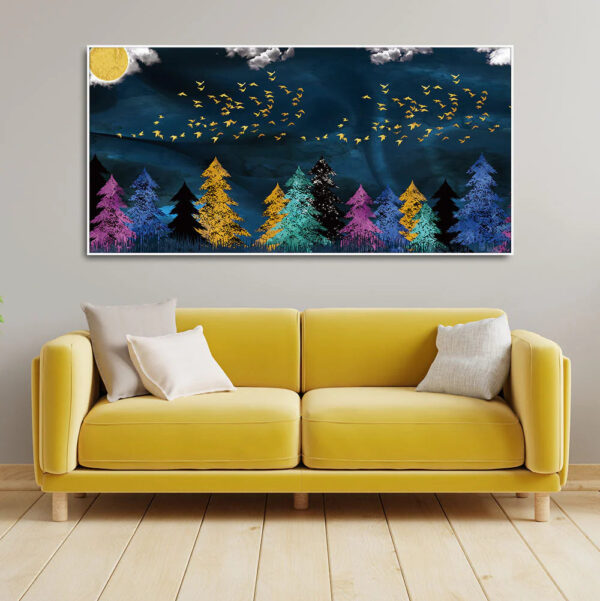 premium-canvas-wall-painting-of-golden-birds-flying-over-the-dark-forest