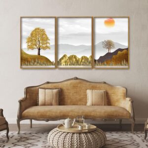 golden-trees-with-beautiful-sunrise-premium-floating-canvas-wall-painting-set-of-three